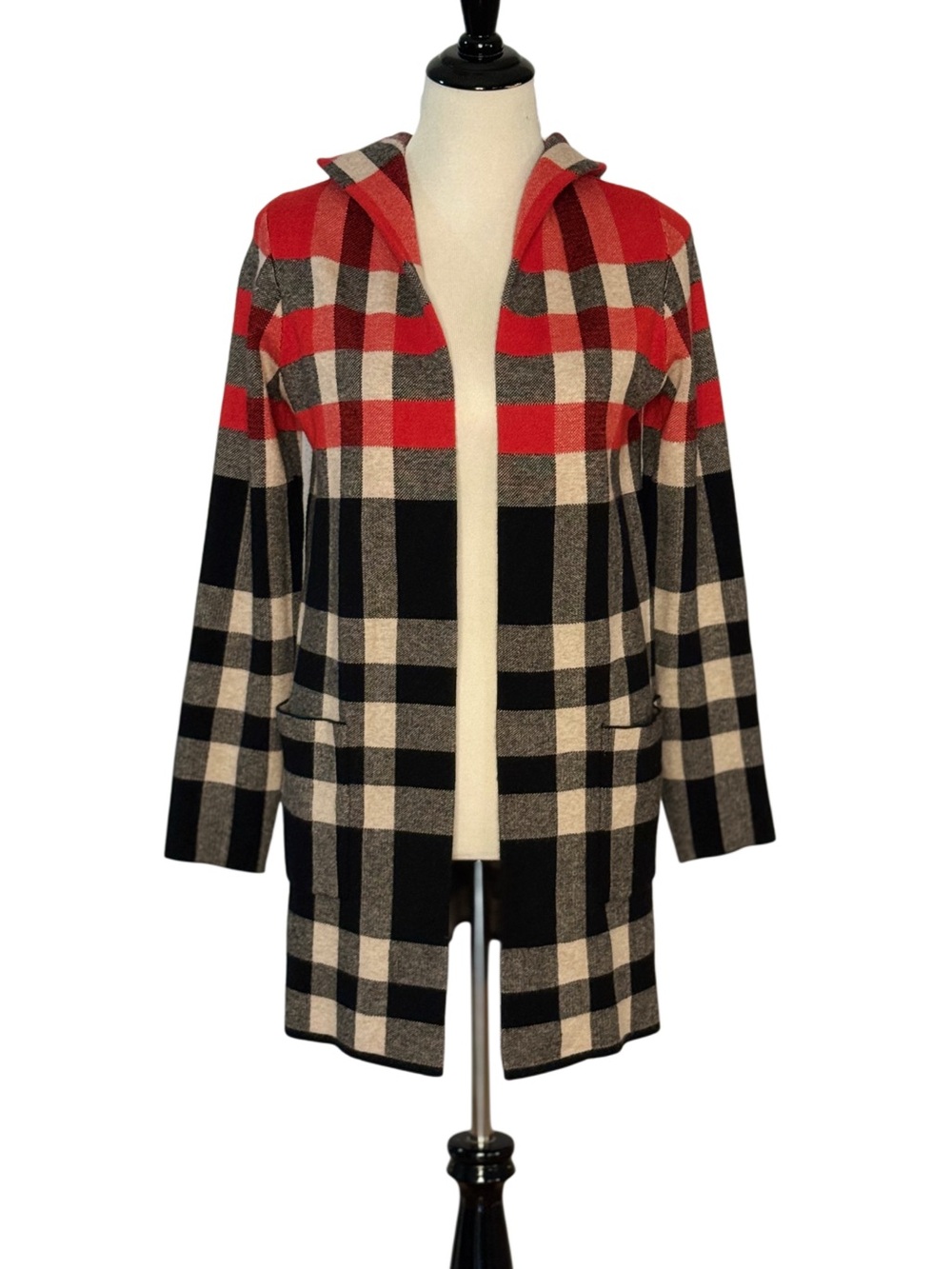 Tahari M Plaid Hooded Open Front Cardigan Sweater Red Black Longline